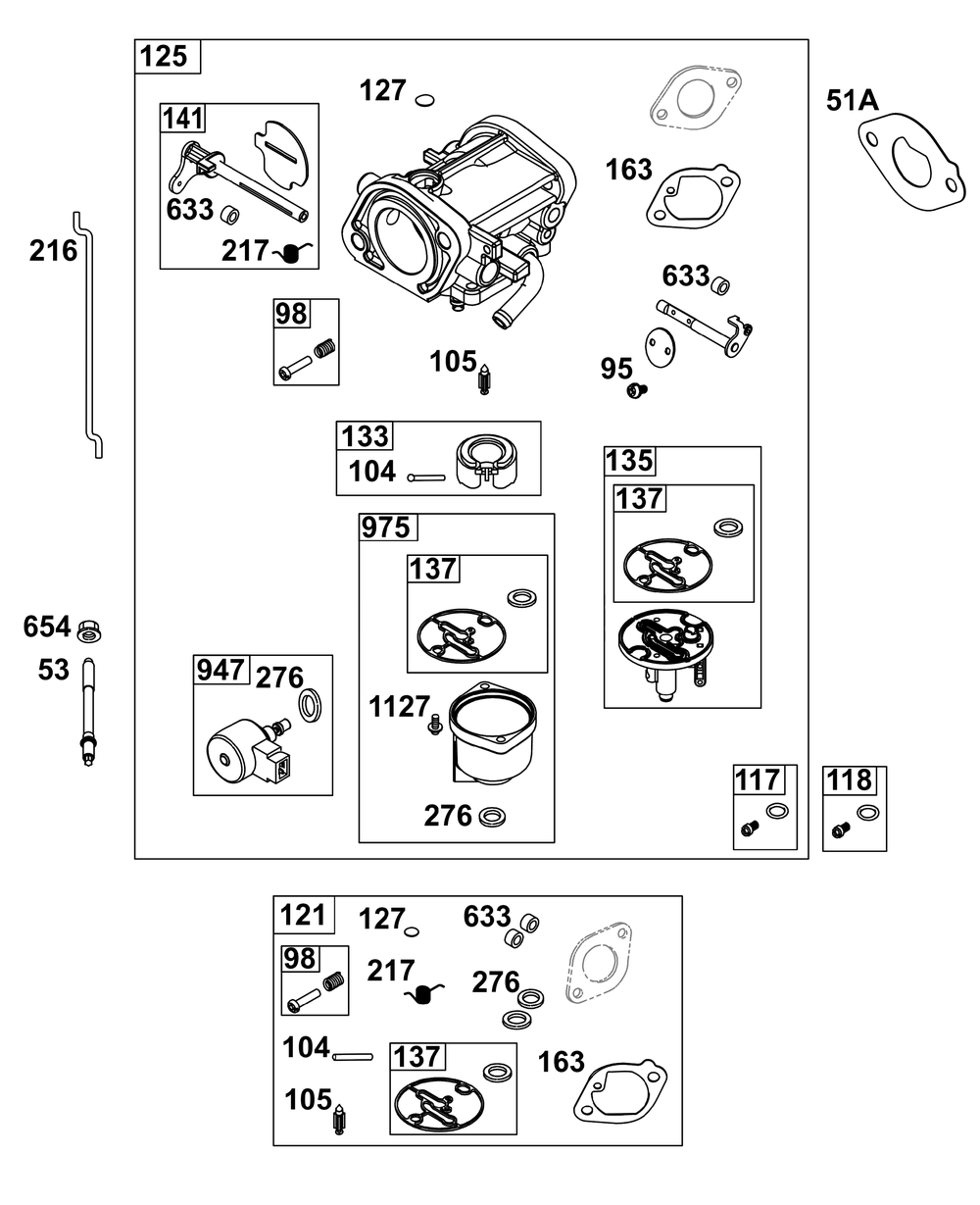 Carburetor Group Diagram and Parts List for 40R677-0019-B5 400000 - 699999 Briggs and Stratton Engine